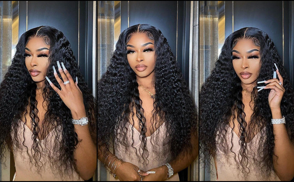 Hot New Women's Lace Wig Black Middle Part Long Curly Hair Hand-Wrapped Small Curly Wig