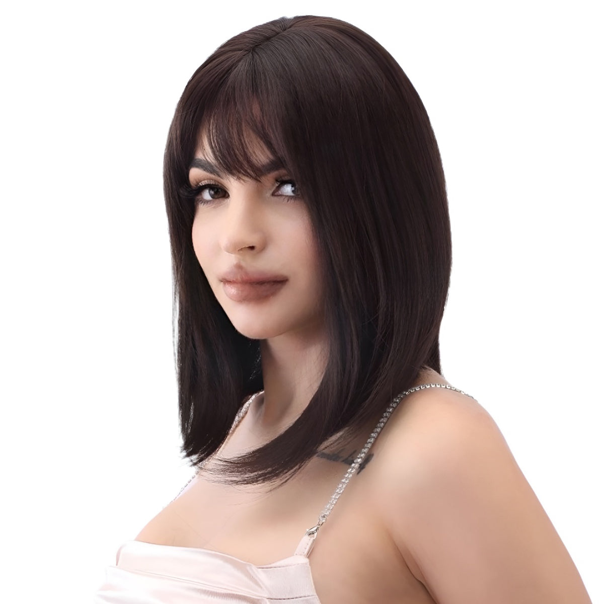 Hazelnut Warm Brown Wig 14inch Shoulder Length Bone Straight with Bangs Lazy Cushion Slight Curl