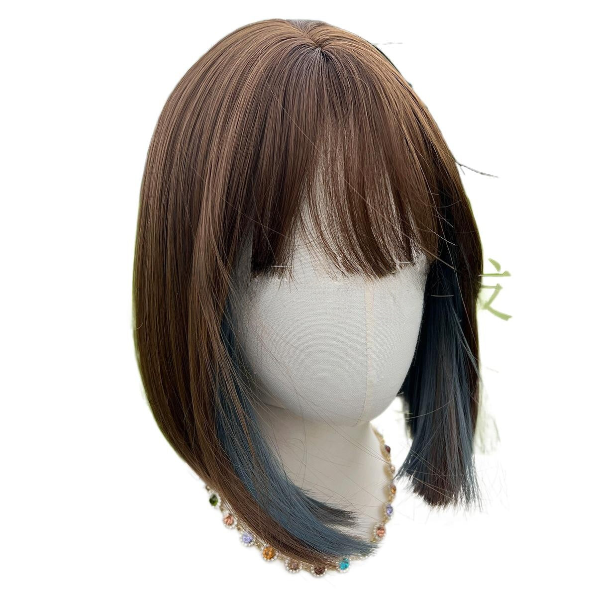 Women's Wig Elegant Black Short Hair with Blue Highlights and Ear-Drop Dyeing, Natural Bangs, Student Hair Quality