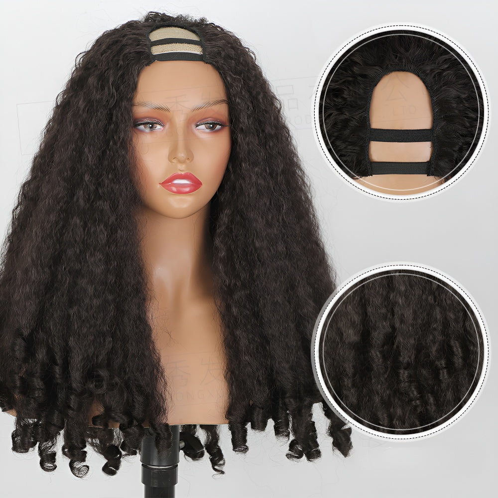 Black Fluffy U-Shaped Yaki Screw Curl Long Curly Hair Clip Half Wig for Women