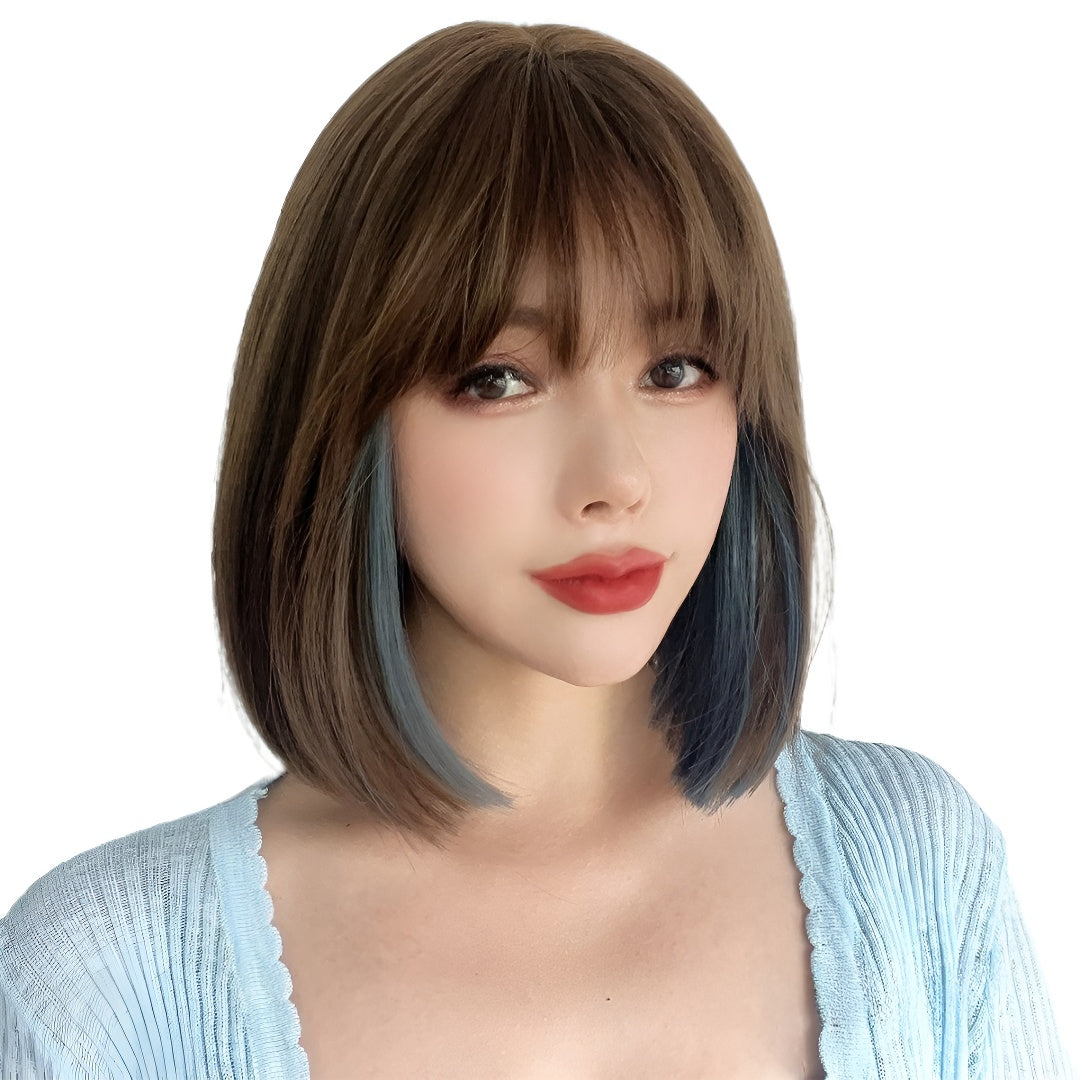 Women's Wig Elegant Black Short Hair with Blue Highlights and Ear-Drop Dyeing, Natural Bangs, Student Hair Quality