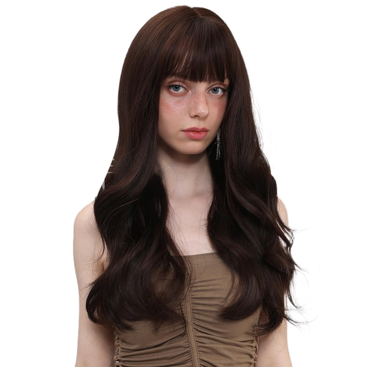 Gentle Temperament Wig for Women with Air Bangs, Long Curly Hair, Dark Brown, Brightening, Korean Style Full Wig