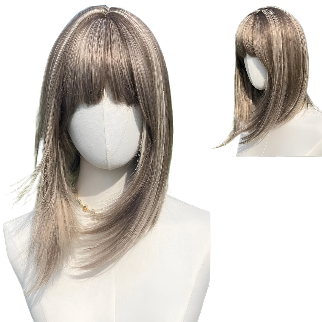 New 12inch Honey Tea Flax Color Air Bangs High Women's Wig Cap